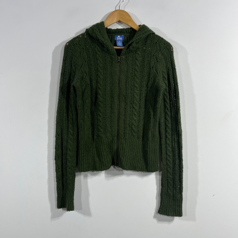 Lilu Y2K Fisherman Granola Green Cable Knit Pointelle Hooded Sweater Size Medium